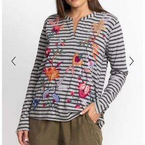 Johnny Was Sandra Split Jersey Striped Embroidered Long Sleeve Tee Small